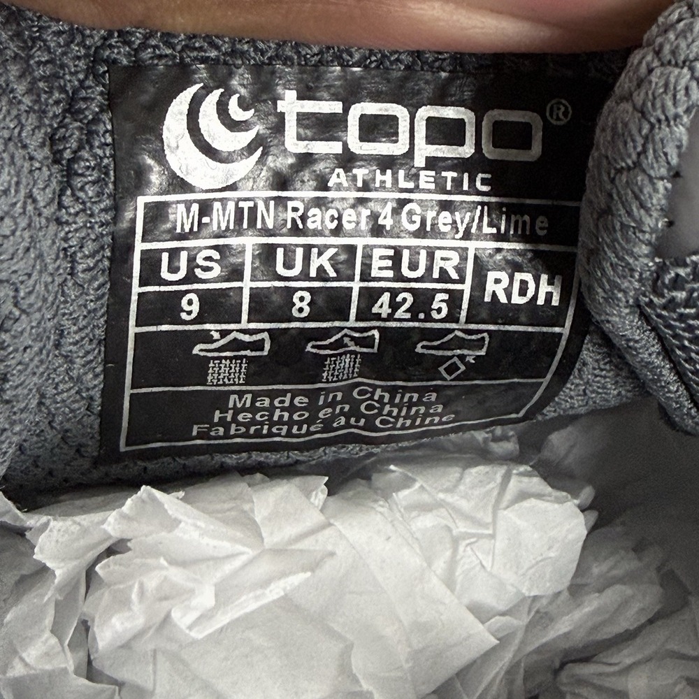 Topo Men's Athletic MTN Racer 4 Grey/Lime Size 9 Hiking Trail Running Shoe‎ - Picture 7 of 8